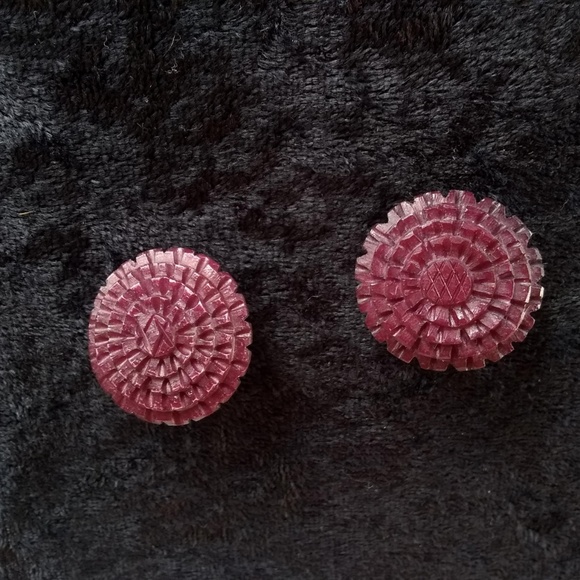 Vintage - Rare Bone Burgundy Round Clip Earrings - Picture 6 of 6